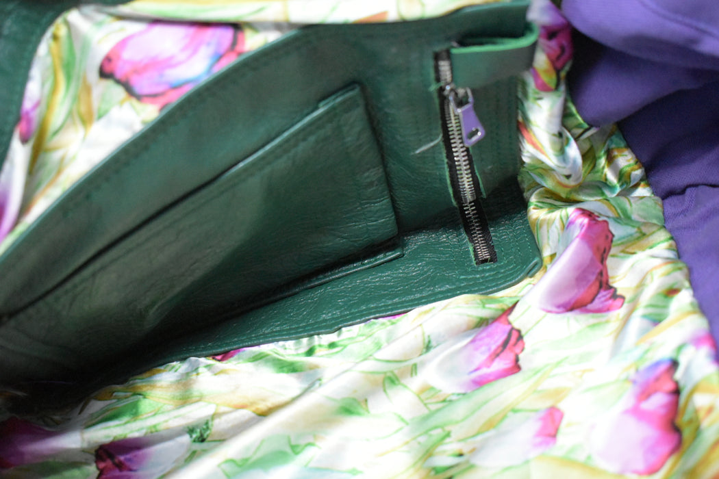 Green Artisan Leather Backpack, Spring Tulips in the City - Ella Leather