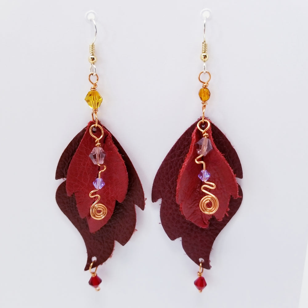 Shades of Red Leather Leaf Earrings, Handmade in Denver - Ella Leather