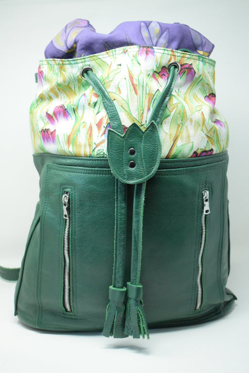 Green Artisan Leather Backpack, Spring Tulips in the City - Ella Leather