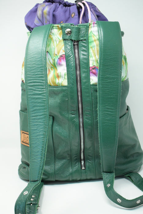 Green Artisan Leather Backpack, Spring Tulips in the City - Ella Leather