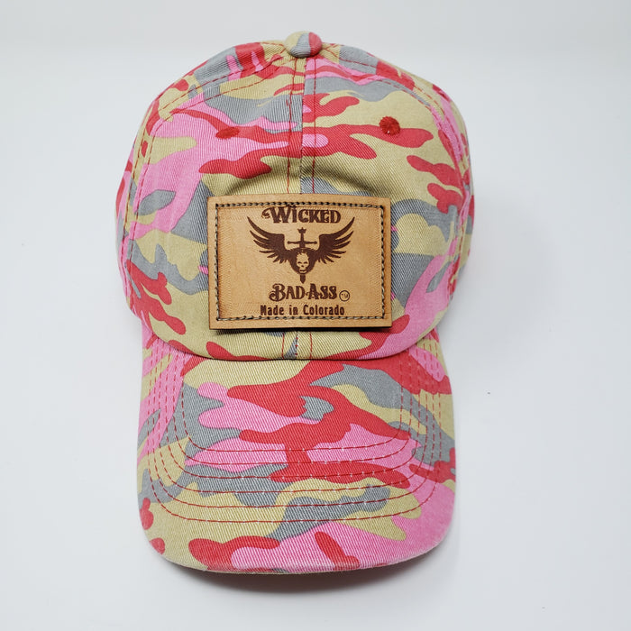 Wicked Bad Ass Camo Hat Pink and Red - Ella Leather