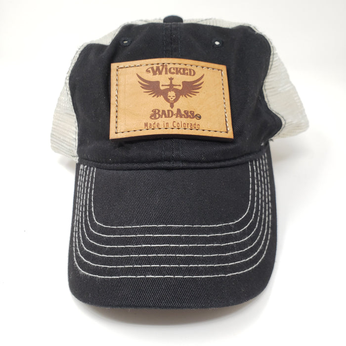 Wicked Bad Ass Baseball Hat Black with White Mesh - Ella Leather