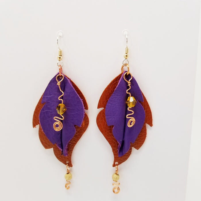 Handmade Leather Leaf Earrings, Red and Purple - Ella Leather