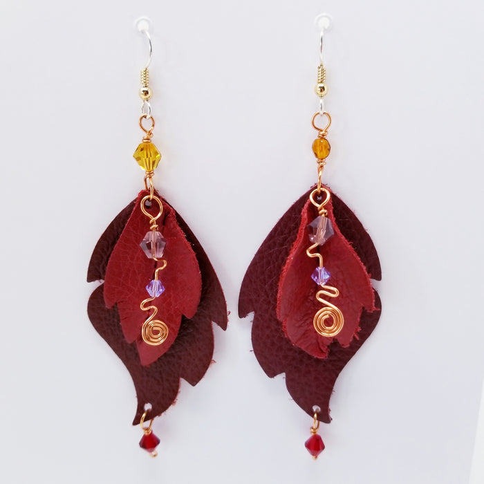 Shades of Red Leather Leaf Earrings, Handmade in Denver - Ella Leather