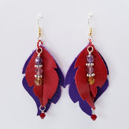 Red and Purple Leather Leaf Earrings. - Ella Leather