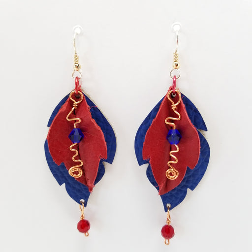 Handmade in the USA Leather Leaf Earrings Red and Blue - Ella Leather