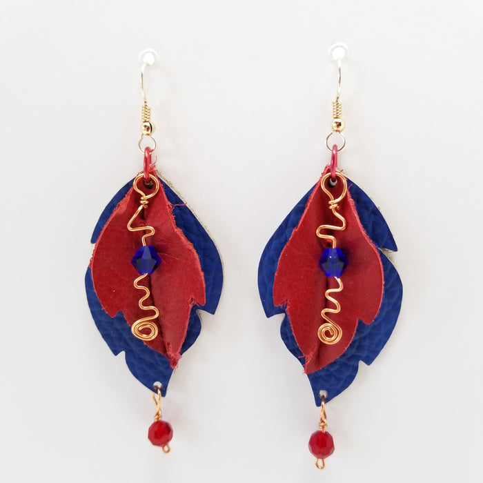 Handmade in the USA Leather Leaf Earrings Red and Blue - Ella Leather