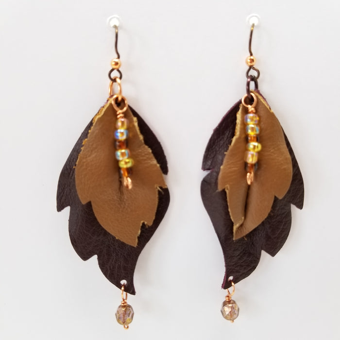 Leather Leaf Earrings Burgundy and Tan - Ella Leather