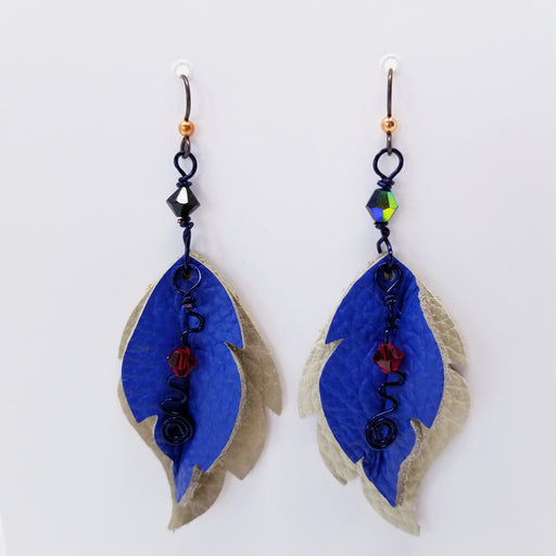 Handmade in the USA, Leather Leaf Earrings of Blue and White - Ella Leather