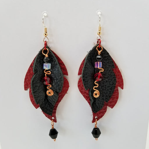Leather Leaf Earrings Red and Black - Ella Leather
