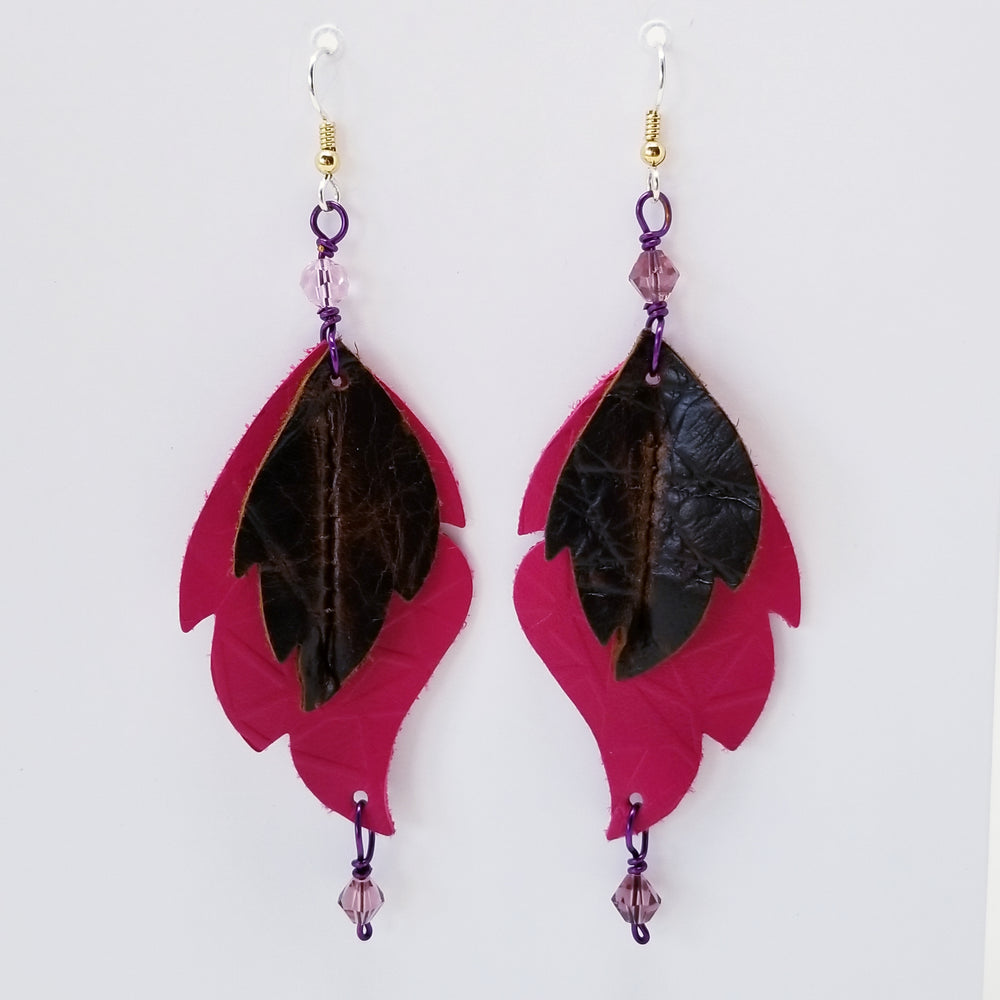 Rugged Chick Leather Leaf Earrings in Brown and Hot Pink - Ella Leather