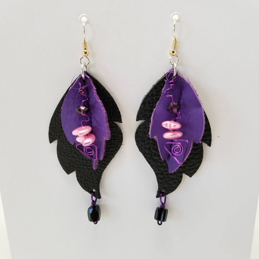 Handmade in Denver, Leather Leaves in Purple and Black - Ella Leather
